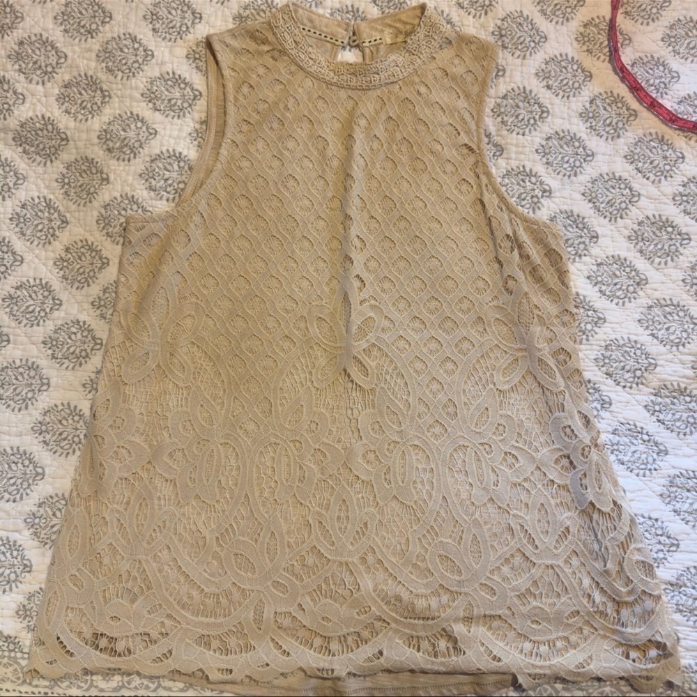 Rewind Beige Sleeveless High Neck Button Back Lace Blouse Size L